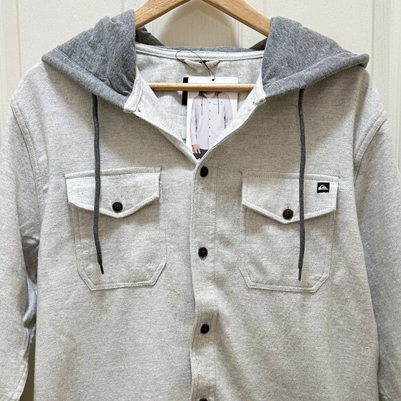 New Quiksilver Hooded Buttoned Flannel Shirt Men's Size M Gray Plaid Y2K Grunge - Picture 2 of 13